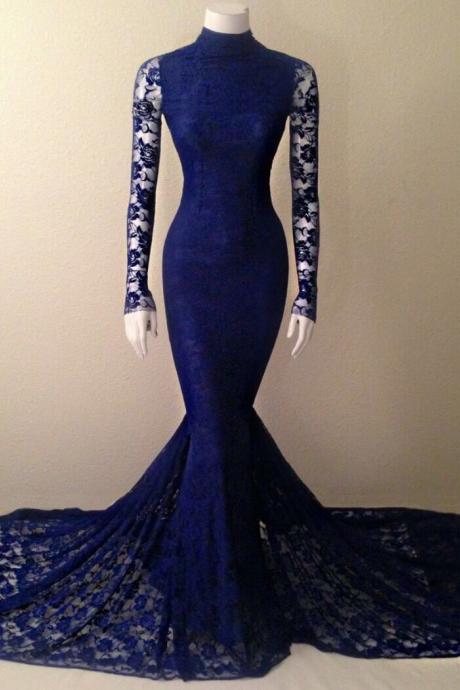 Navy Blue Soft Lace Long Sleeves Mermaid Evening Gown With High Neck