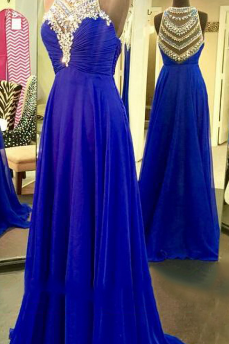 Royal Blue Prom Dresses with Sparkle Beads, Pretty Illusion Prom Dresses, High neck Chiffon Beaded Prom Dresses