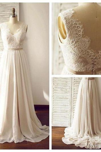 Ivory Chiffon Lace Wedding Dresses With Champagne Belt,long Bridal Gowns,handmade Wedding Gowns,