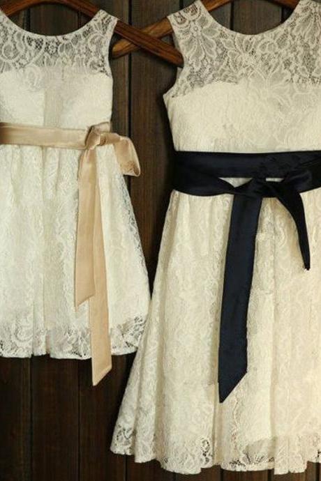 Round Neck Lace Long A-line Flower Girl Dresses With Belt,