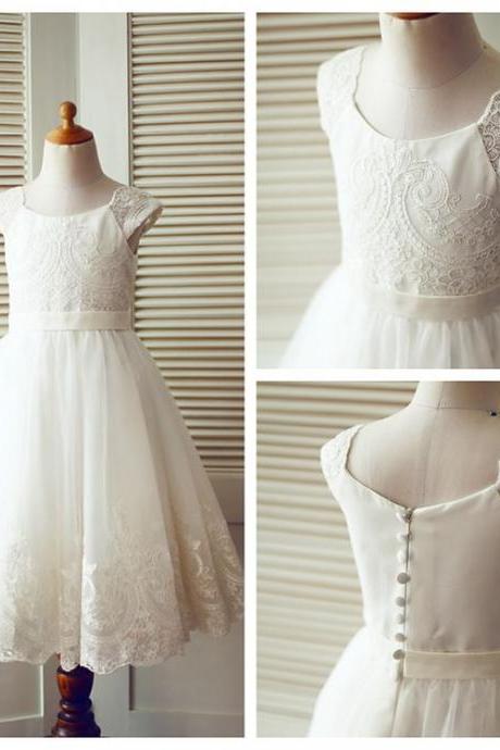 Ivory Flower Girl Dress with Lace Cap Sleeves