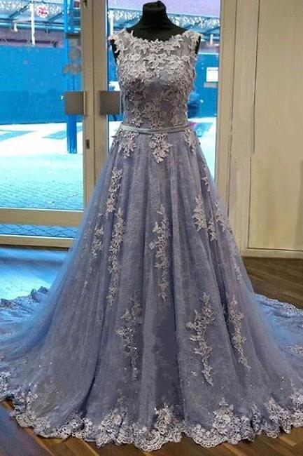 Unique Round Neck Lace Tulle Long Prom Dress, Lace Evening Dress, Dusty Blue Prom Dresses, Blue Lace Prom Dress, Modest Prom Dresses, Elegant