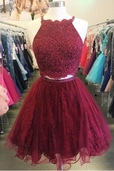 Stylish A-line Two-piece Halter Burgundy Short Homecoming Dress With Beading