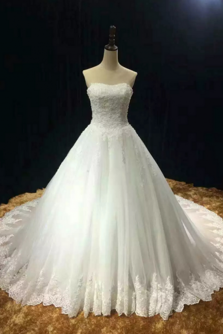 Chapel Train Soft Tulle Lace Appliques Strapless Wedding Dress Real Photo Vestido Noiva Prince With Pearls Custom-made
