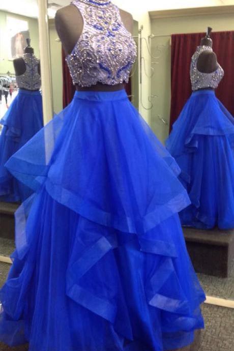 Royal Blue Two Piece Prom Dresses,Beaded Bodice Tulle Skirt Sweet 16 Dresses,Ball Gown Formal Dresses