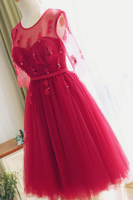 Tea Length Red Lace Bridesmaid Dress,half Sleeves Lace Prom Dress,red Lace Cocktail Dress,red Formal Party Dresses
