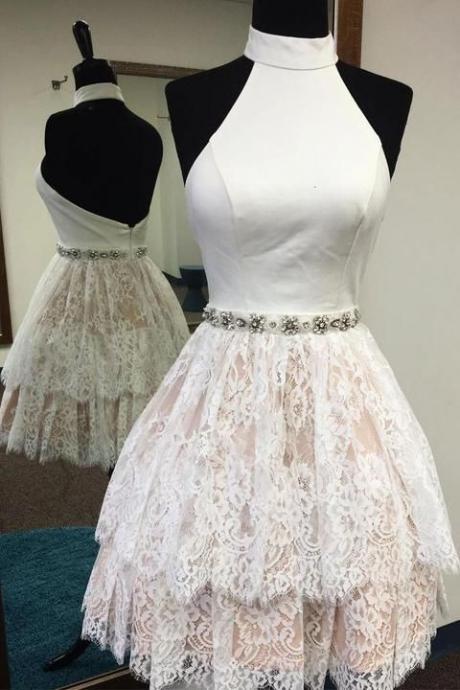 White Lace Halter Backess Tiered Short Prom Dress Homecoming Dresses Party Gowns Ld473