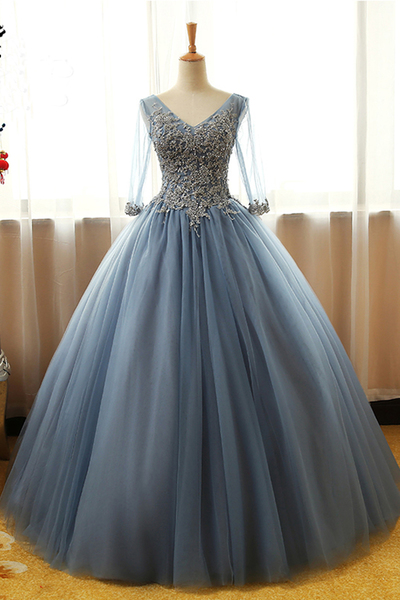 Charming Prom Dress, Elegant Prom Dress, Tulle Ball Gown Prom Dress, Appliques Long Evening Dress, Formal Dress