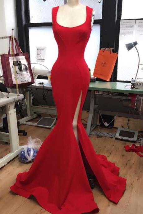 Mermaid Red Evening Dress,sexy Red Prom Dress,mermaid Slit Prom Gown,mermaid Red Slit Party Dress