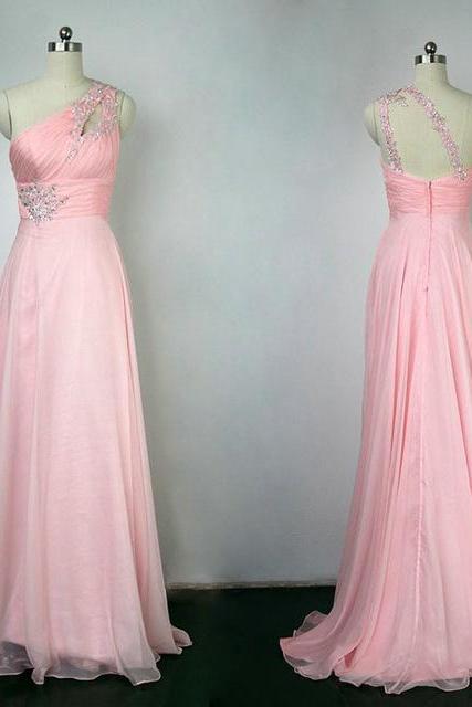 Pink Chiffon Prom Dresses A-line Long Evening Dresses One Shoulder Formal Gowns Beaded Party Graduation Pageant Dresses For Teens