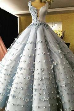 Light Blue Satin V Neck Ball Gown Flower Wedding Dresses