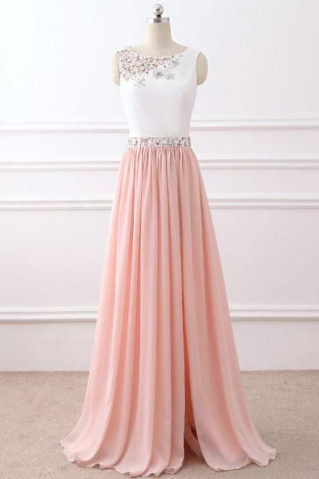 Chic A-line Evening Dress,scoop Floor-length Party Dresses,chiffon Pink Prom Gowns,beading Long Prom Dress