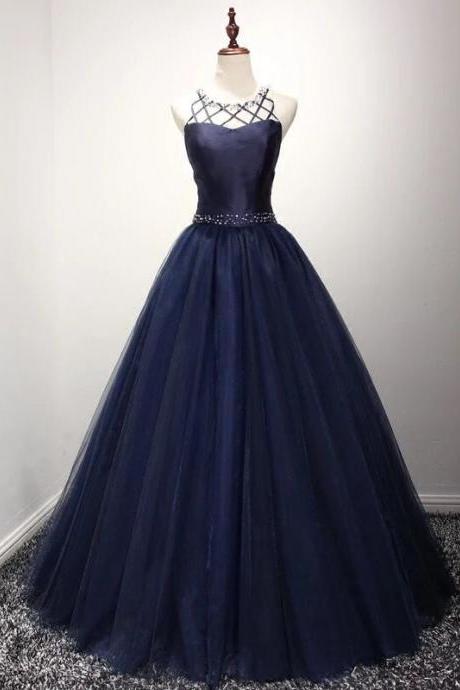 O-neck Navy Blue Long Tulle Formal Elegant Prom Dress,backless Prom Dress,a-line Navy Blue Long Tulle Ball Gown Prom Dress