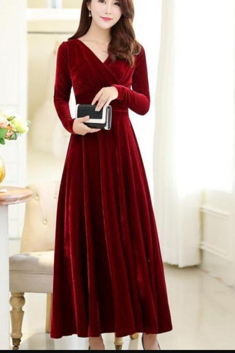 Wine Red A-line Long Sleeves Winter Dresses, Women Long Dresses, Velvet Dresses, Blue Vintage Dresses
