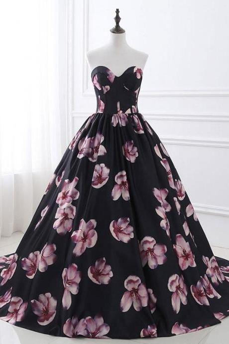 Black Sweetheart Neck Satin Long Prom Dress, Black Evening Dress