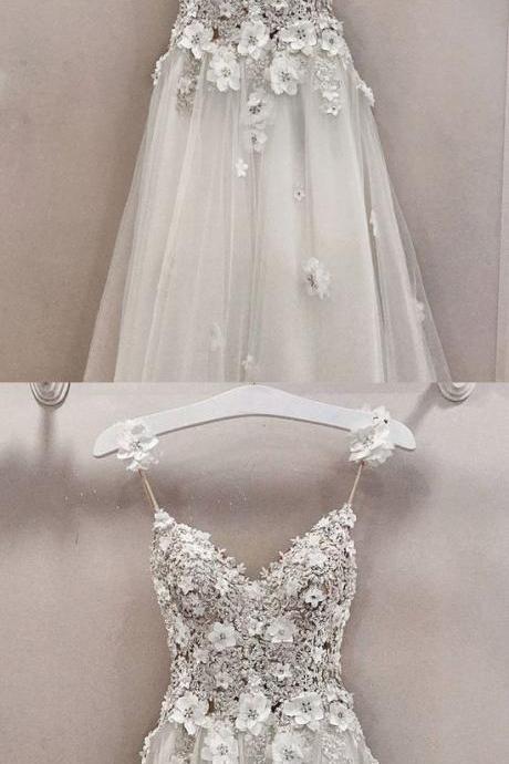 A Line V Neck Lace Tulle Long Prom Dress, Evening Dress