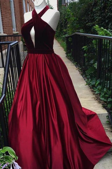 Unique A-line Halter Sleeveless Burgundy Long Prom/evening Dress With Keyhole