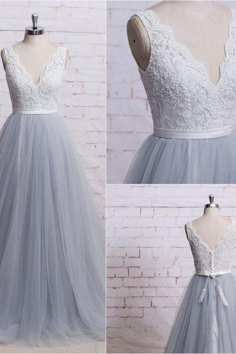 Gorgeous A-line V-neck Ivory Lace Bodice Grey Tulle Skirt Chapel Train Wedding Dresses, Long Prom Gowns