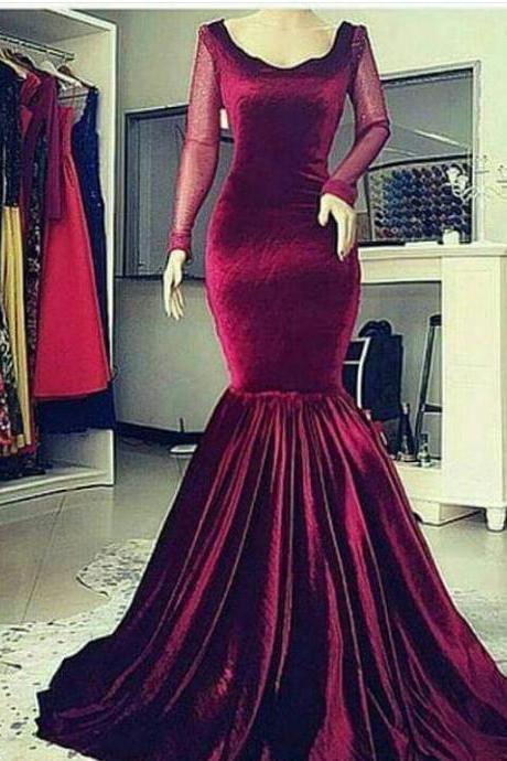 Elegant Dark Red Velvet 2018 Mermaid Evening Dresses Middle East Style Scoop Illusion Long Sleeves Formal Gowns