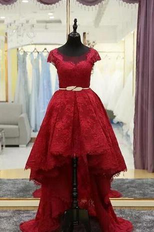 Real Photo Red Lace Evening Dresses Hi Low Prom Ball Gowns With Gold Sash Lace Up Back Formal Dresses Custom Made African Dresses