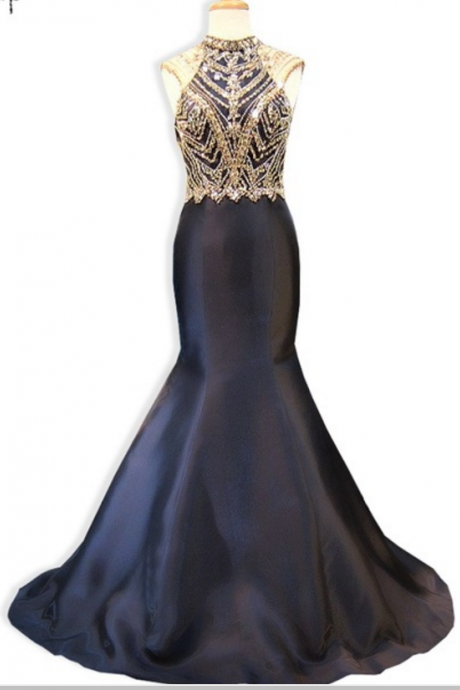 Long Night Dress&amp;quot;, The Real Sample Of The High-necked, Sleeveless Golden Beaded, The Black Mermaid Evening Dress