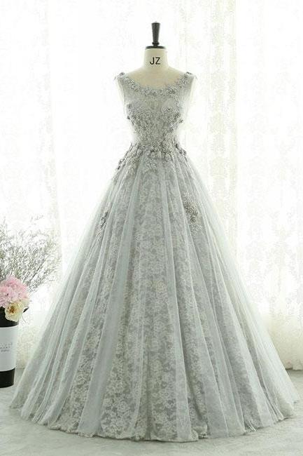 Gray Lace Tulle Long Prom Dresses, Gray Evening Dresses