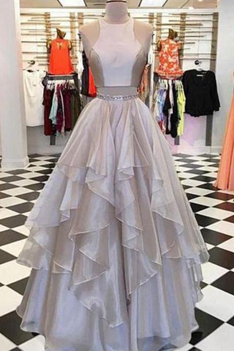 Light Gray Two Pieces Beaded Belt Long Halter Homecoming Dresses