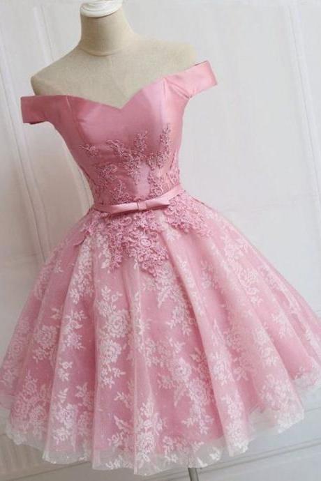 Pink Lace Off Shoulder Customize Short Homecoming Dress