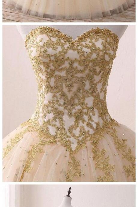 A Line Ball Gowns Sweetheart Gold Prom Dress Evening Dress