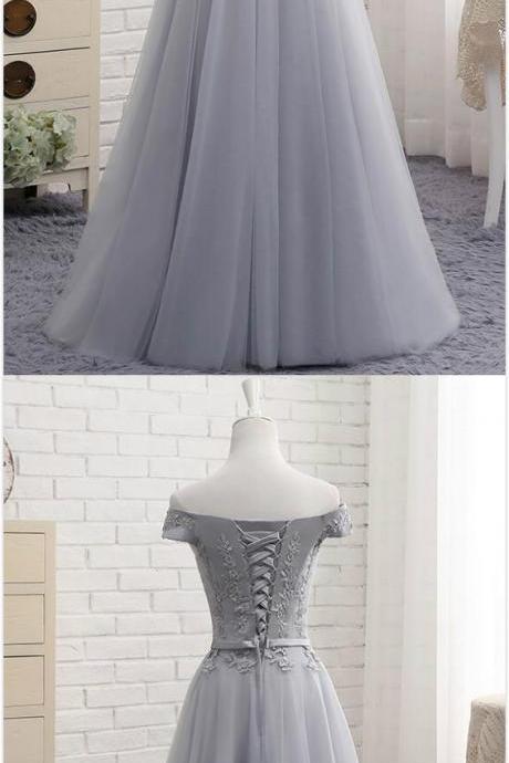 Gray Tulle Prom Dresses,lace Prom Dress,a Line Prom Dress, Long Prom Dresses, Evening Dress