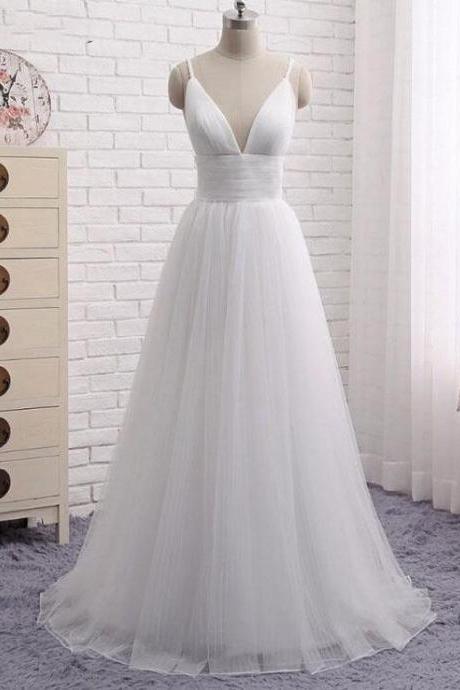 Simple White V-neck Long Tulle Prom Dress,a-line Spaghetti Straps White Evening Dress