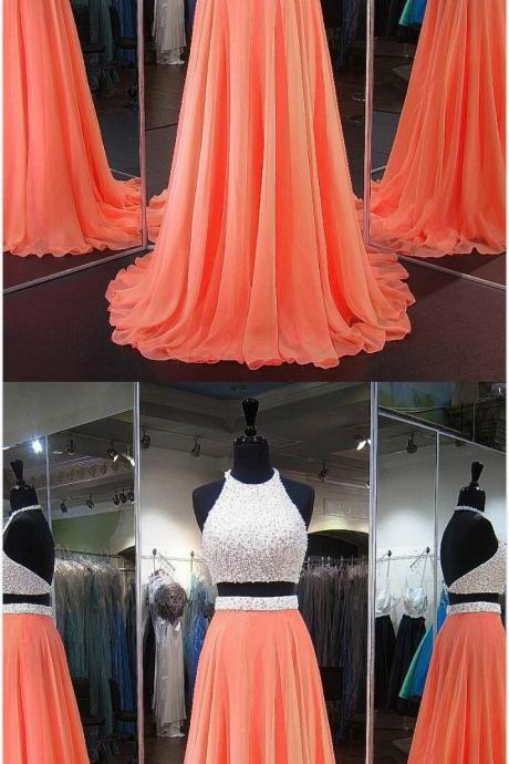 Sweep Train Two Piece Prom Dresses,halter Chiffon Prom Dress, Orange Homecoming Dresses, Crystal Detailing Backless Prom Dress