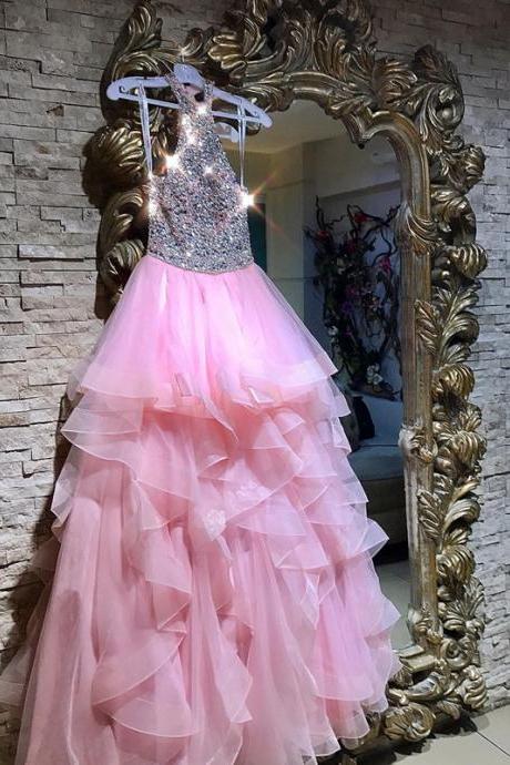 Halter Prom Dresses with Tiered Skirt
