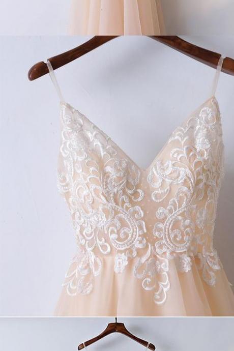 champagne prom dress ,spaghetti straps prom gown, simple dress,charming evening dress