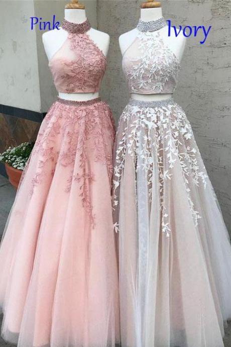 A-line/princess Lace Appliqued Halter High Neck 2 Piece Prom Dresses
