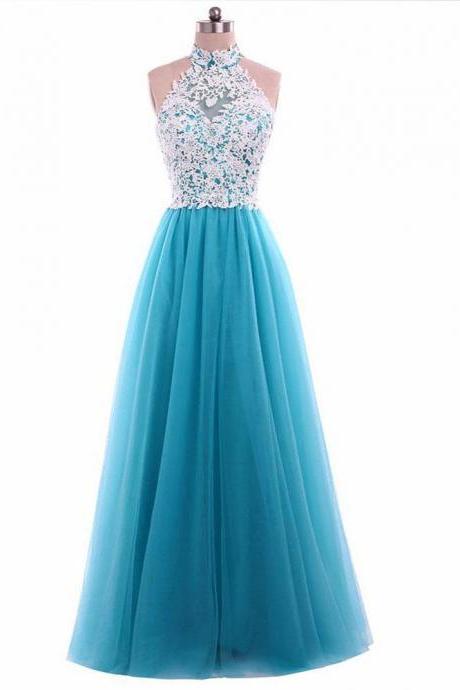 A-line Halter White Lace Blue Tulle Simple Prom Dresses