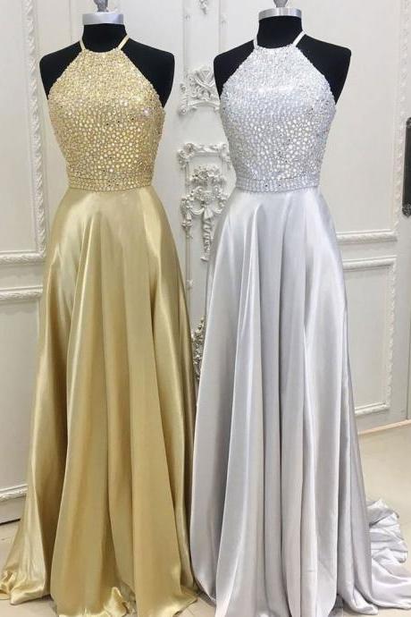 A-line Halter Rhinestone Beaded Top Long Prom Dresses