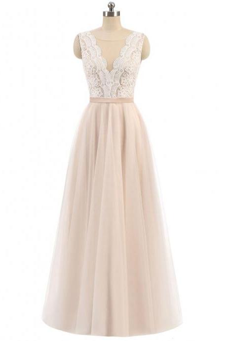 A-line Lace And Tulle Long Simple Prom Dresses,bridesmaid Dresses