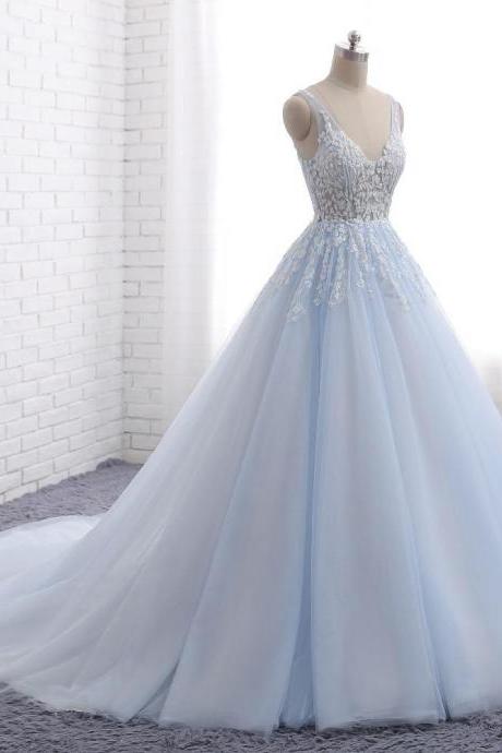 Pale Blue V Neckline A Line Tulle Lace Beaded Evening Prom Dresses, Popular Sweet 16 Party Prom Dresses