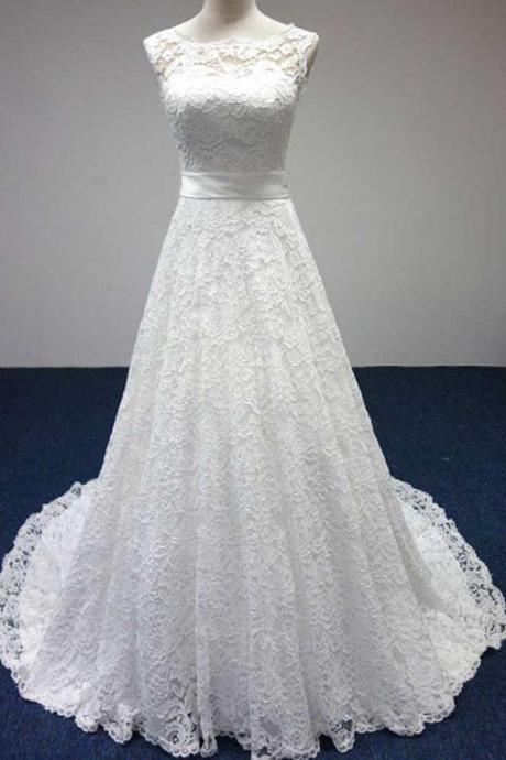 Bateau A-Line Lace Scoop White Cap Sleeve Sash Bowknot Sleeveless Wedding Dress,Open Back Lace-up Wedding Gowns,Wedding Dresses