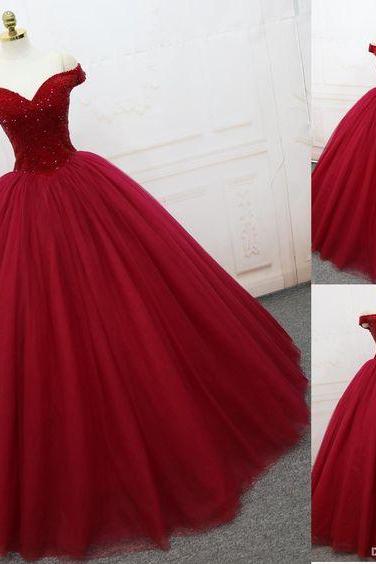new fashions Sparkling Prom Dresses Ball Gown Dark Red Evening Dress Lace-up Back Pleats Tulle Sweep Train