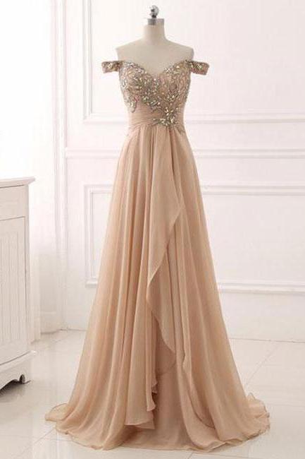 Chic A-line Prom Dresses Long Off-the-shoulder Prom Dress Evening Dresses With Beading