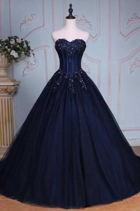 Princess A-line Sweetheart Navy Blue Ball Gown Court Train Navy Blue Long Prom Dress With Lace