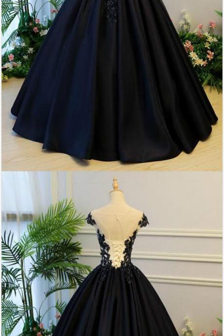 Generous Prom Dress,ball Gown Prom Dress,stain Prom Dress,long Party Dress,a-line Round Neck Cap Sleeves Prom Dress