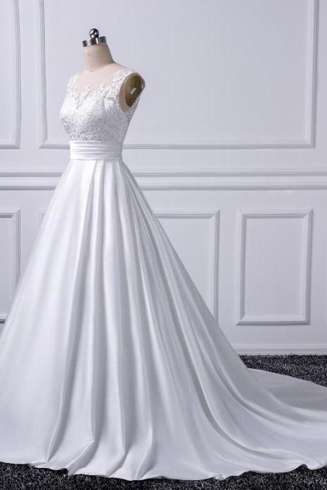 Low Back Wedding Dresses,chapel Train Bridal Gowns,ivory Satin Bridal Dresses 2018