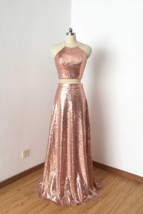 Two Piece Rose Gold Sequin Long Prom Dress,sexy Halter Neckline Bridesmaid Dresses,long Bridesmaid Dresses 2018