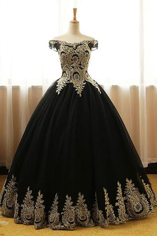 Black Prom Dresses,appliques Prom Gown,ball Gown Prom Dress,long Prom Gown,formal Evening Dress,black Quinceanera Dress