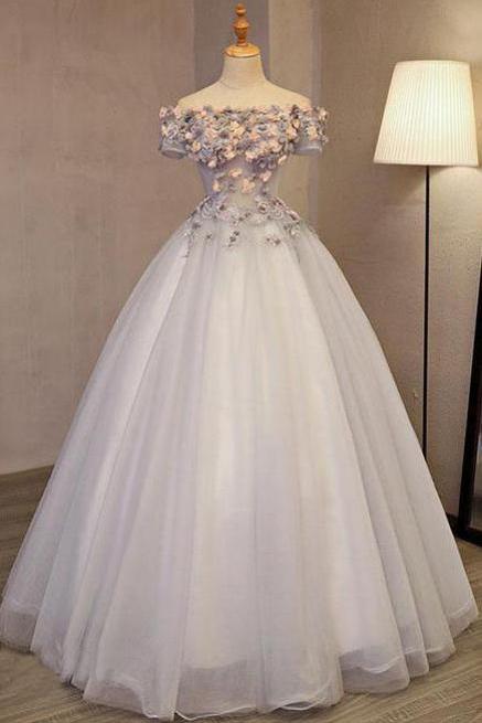 Grey Long Applique Off the Shoulder Tulle A-Line Prom Dresses Wedding Dresses