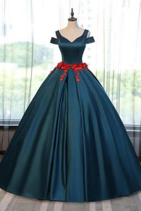 Chic A-line Ball Gowns Prom Dress V-neck Satin Modest Applique Evening Dress