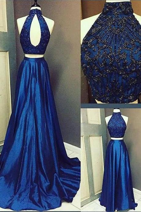 Dark Blue Two Pieces Long Prom Dress, Evening Dress